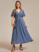 ever DAHLIA|Short Sleeves V-Neck Tea Length Wedding Guest Dress with Floral Applique