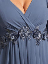 ever DAHLIA|Short Sleeves V-Neck Tea Length Wedding Guest Dress with Floral Applique