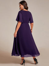 ever DAHLIA|Short Sleeves V-Neck Tea Length Wedding Guest Dress with Floral Applique
