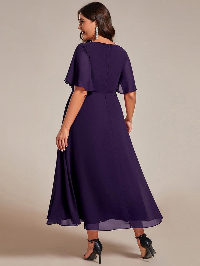 ever DAHLIA|Short Sleeves V-Neck Tea Length Wedding Guest Dress with Floral Applique