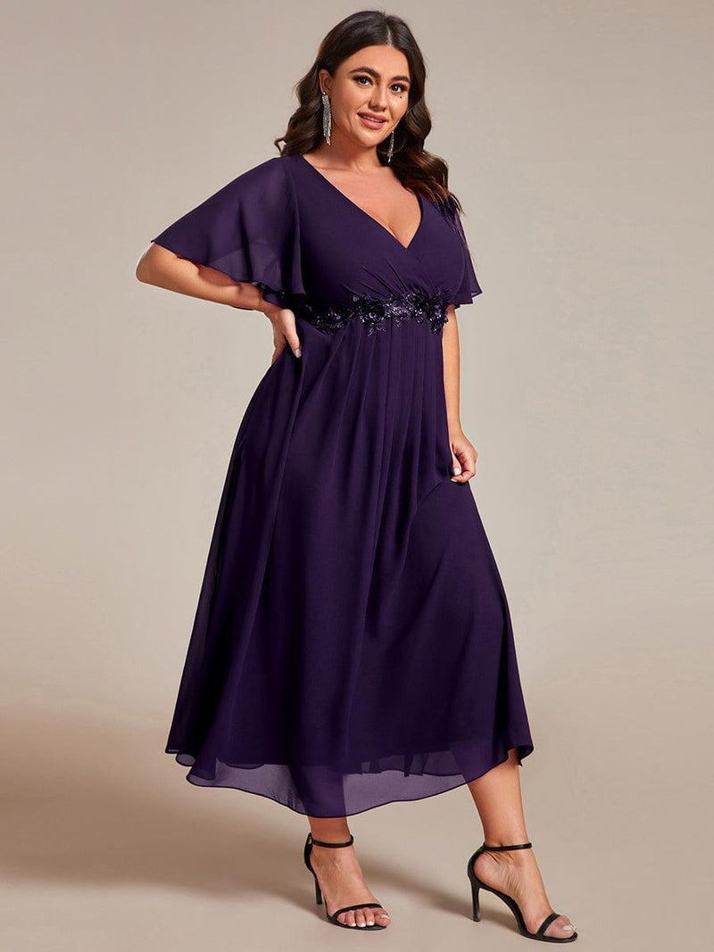 ever DAHLIA|Short Sleeves V-Neck Tea Length Wedding Guest Dress with Floral Applique