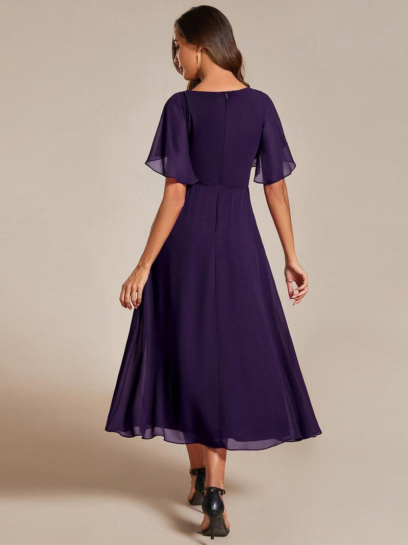 ever DAHLIA|Short Sleeves V-Neck Tea Length Wedding Guest Dress with Floral Applique
