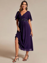 ever DAHLIA|Short Sleeves V-Neck Tea Length Wedding Guest Dress with Floral Applique