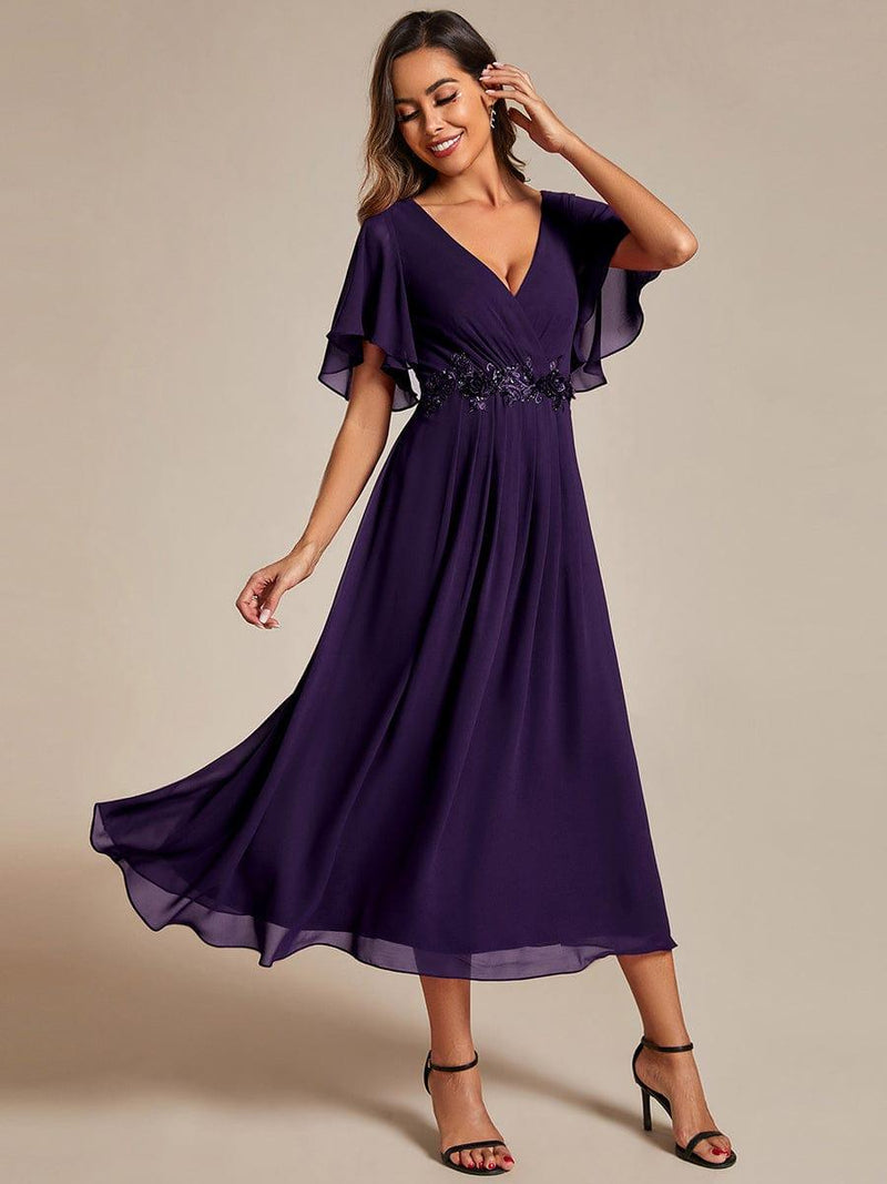 ever DAHLIA|Short Sleeves V-Neck Tea Length Wedding Guest Dress with Floral Applique