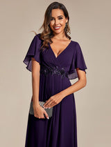 ever DAHLIA|Short Sleeves V-Neck Tea Length Wedding Guest Dress with Floral Applique