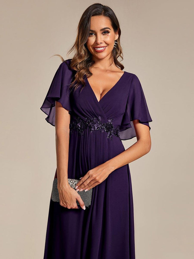 ever DAHLIA|Short Sleeves V-Neck Tea Length Wedding Guest Dress with Floral Applique