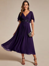 ever DAHLIA|Short Sleeves V-Neck Tea Length Wedding Guest Dress with Floral Applique
