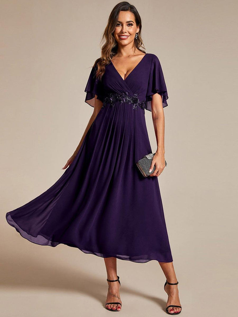 ever DAHLIA|Short Sleeves V-Neck Tea Length Wedding Guest Dress with Floral Applique