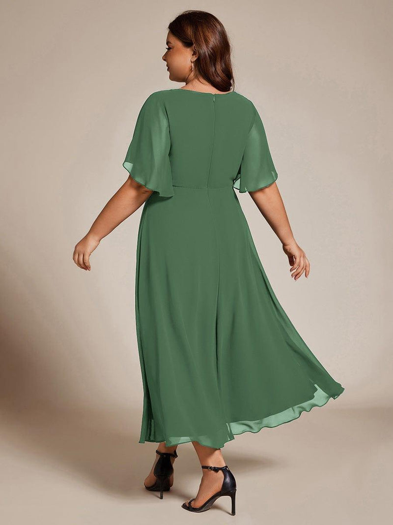 ever DAHLIA|Short Sleeves V-Neck Tea Length Wedding Guest Dress with Floral Applique