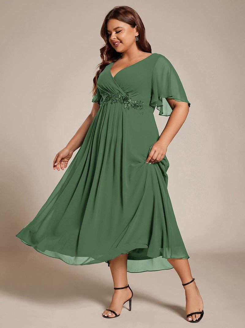 ever DAHLIA|Short Sleeves V-Neck Tea Length Wedding Guest Dress with Floral Applique