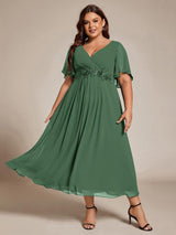 ever DAHLIA|Short Sleeves V-Neck Tea Length Wedding Guest Dress with Floral Applique