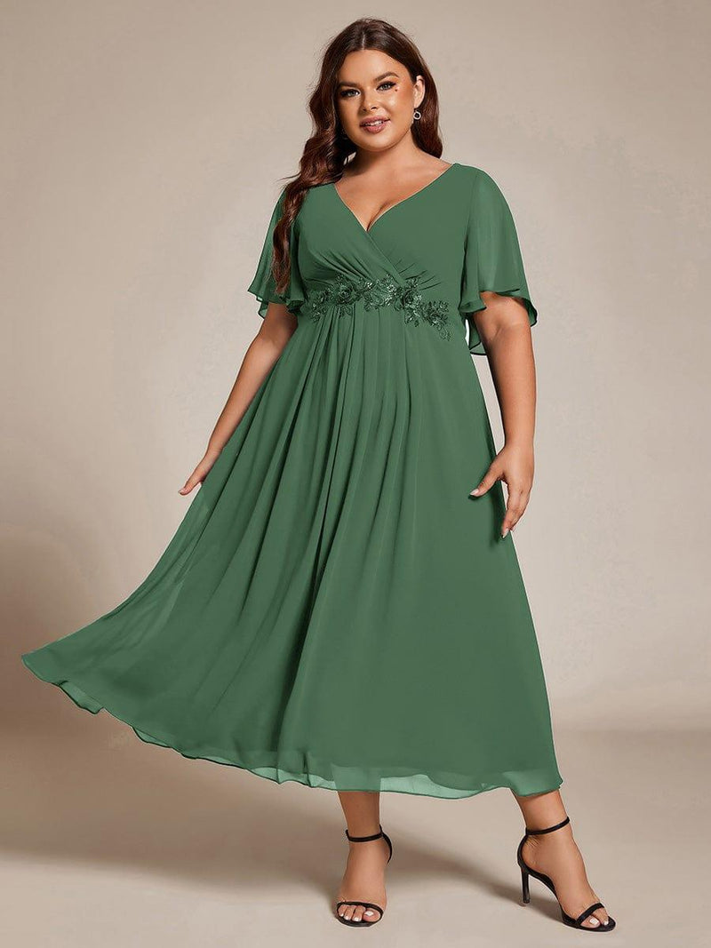 ever DAHLIA|Short Sleeves V-Neck Tea Length Wedding Guest Dress with Floral Applique