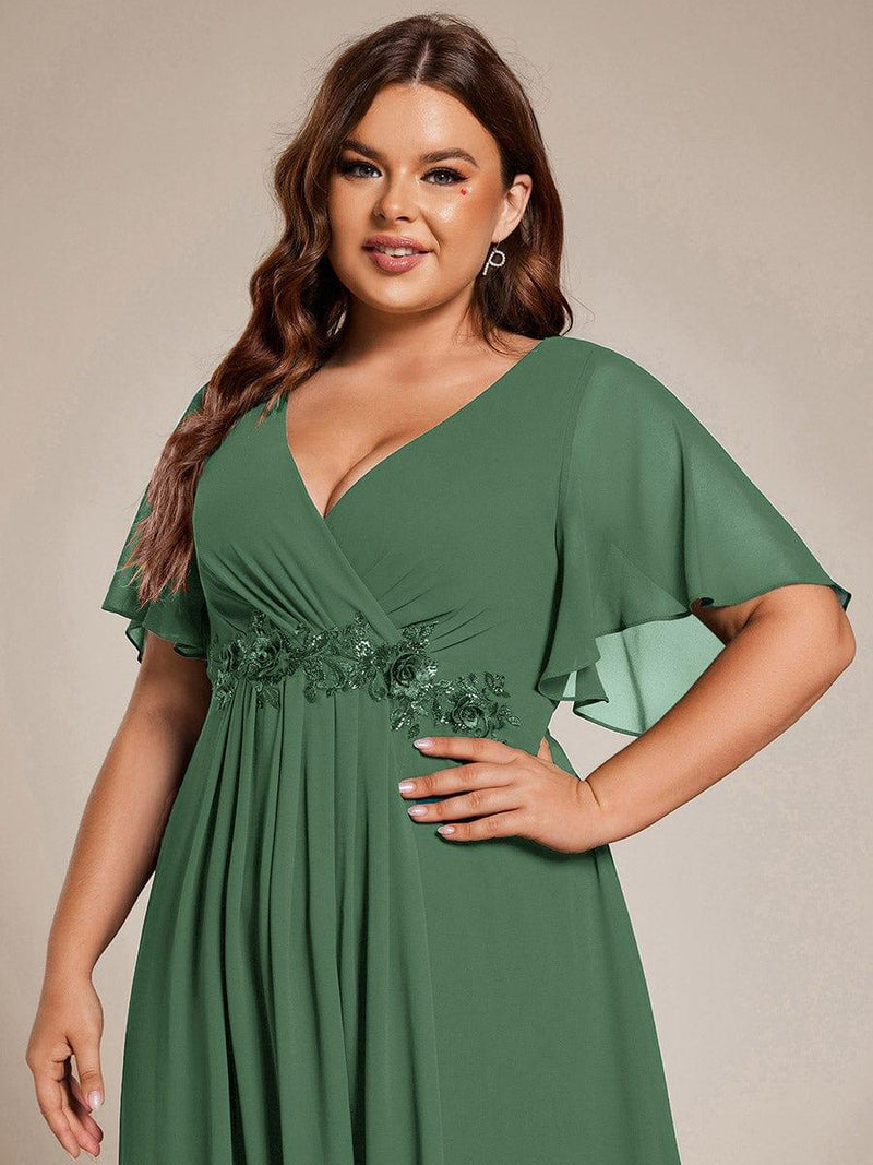 ever DAHLIA|Short Sleeves V-Neck Tea Length Wedding Guest Dress with Floral Applique