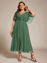 ever DAHLIA|Short Sleeves V-Neck Tea Length Wedding Guest Dress with Floral Applique