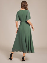 ever DAHLIA|Short Sleeves V-Neck Tea Length Wedding Guest Dress with Floral Applique