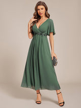 ever DAHLIA|Short Sleeves V-Neck Tea Length Wedding Guest Dress with Floral Applique