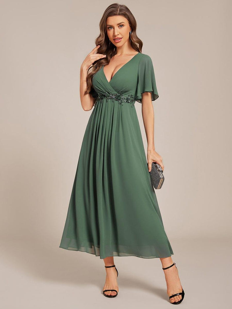 ever DAHLIA|Short Sleeves V-Neck Tea Length Wedding Guest Dress with Floral Applique