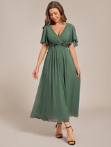 ever DAHLIA|Short Sleeves V-Neck Tea Length Wedding Guest Dress with Floral Applique