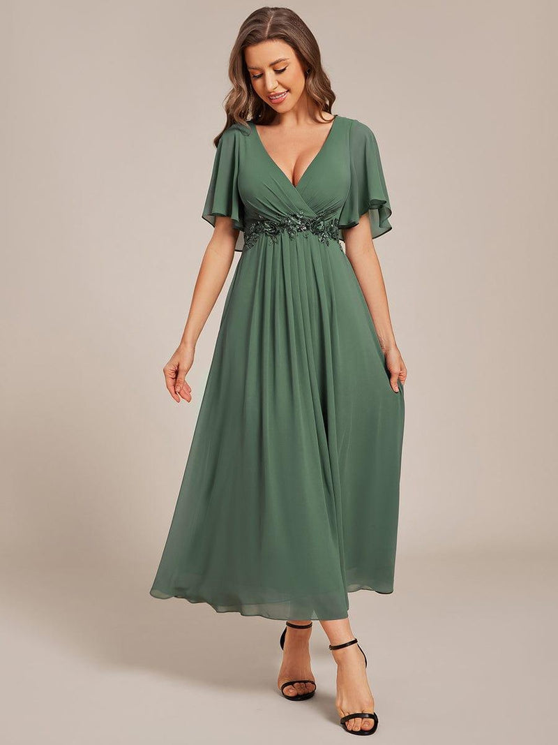 ever DAHLIA|Short Sleeves V-Neck Tea Length Wedding Guest Dress with Floral Applique