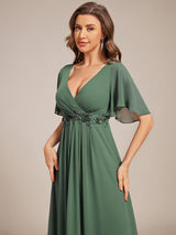 ever DAHLIA|Short Sleeves V-Neck Tea Length Wedding Guest Dress with Floral Applique