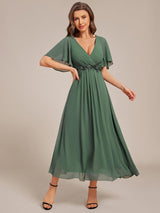 ever DAHLIA|Short Sleeves V-Neck Tea Length Wedding Guest Dress with Floral Applique