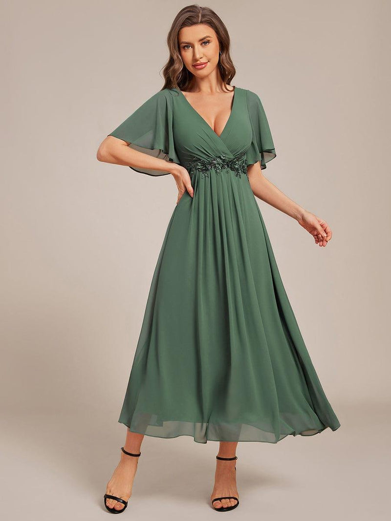 ever DAHLIA|Short Sleeves V-Neck Tea Length Wedding Guest Dress with Floral Applique