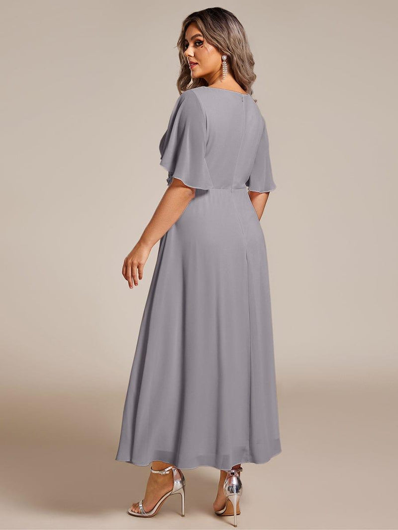ever DAHLIA|Short Sleeves V-Neck Tea Length Wedding Guest Dress with Floral Applique