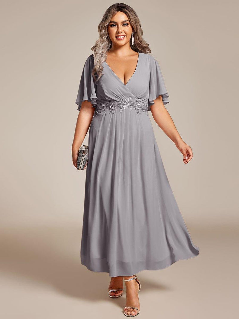 ever DAHLIA|Short Sleeves V-Neck Tea Length Wedding Guest Dress with Floral Applique
