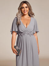 ever DAHLIA|Short Sleeves V-Neck Tea Length Wedding Guest Dress with Floral Applique