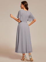 ever DAHLIA|Short Sleeves V-Neck Tea Length Wedding Guest Dress with Floral Applique