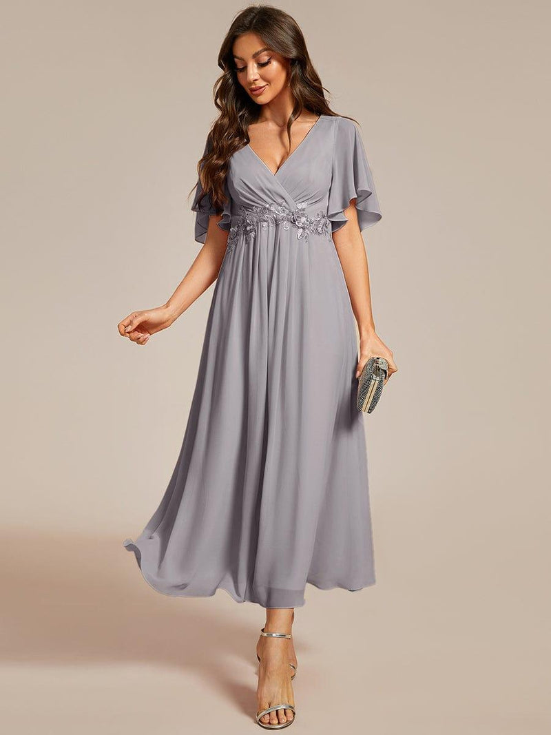 ever DAHLIA|Short Sleeves V-Neck Tea Length Wedding Guest Dress with Floral Applique