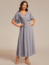 ever DAHLIA|Short Sleeves V-Neck Tea Length Wedding Guest Dress with Floral Applique