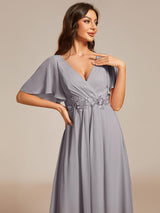 ever DAHLIA|Short Sleeves V-Neck Tea Length Wedding Guest Dress with Floral Applique