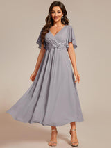 ever DAHLIA|Short Sleeves V-Neck Tea Length Wedding Guest Dress with Floral Applique