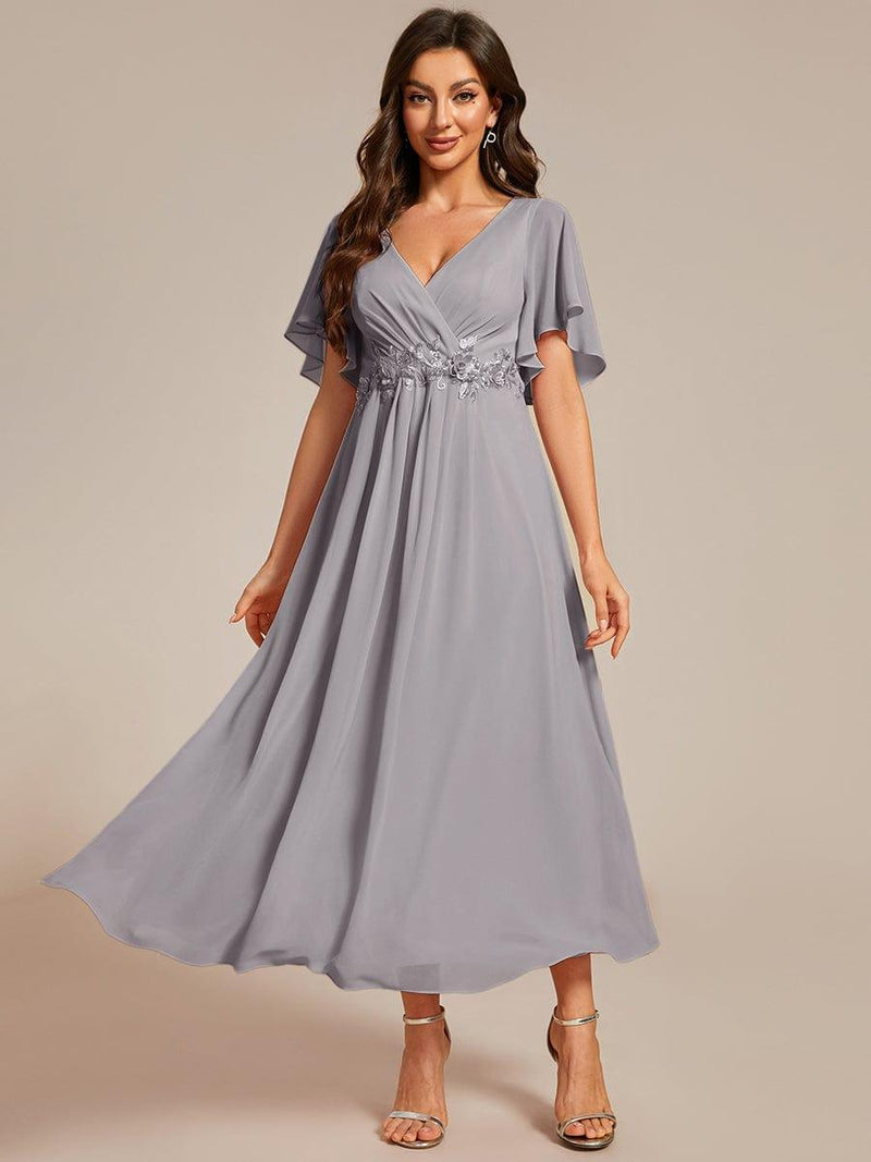 ever DAHLIA|Short Sleeves V-Neck Tea Length Wedding Guest Dress with Floral Applique