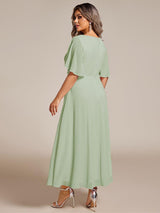 ever DAHLIA|Short Sleeves V-Neck Tea Length Wedding Guest Dress with Floral Applique