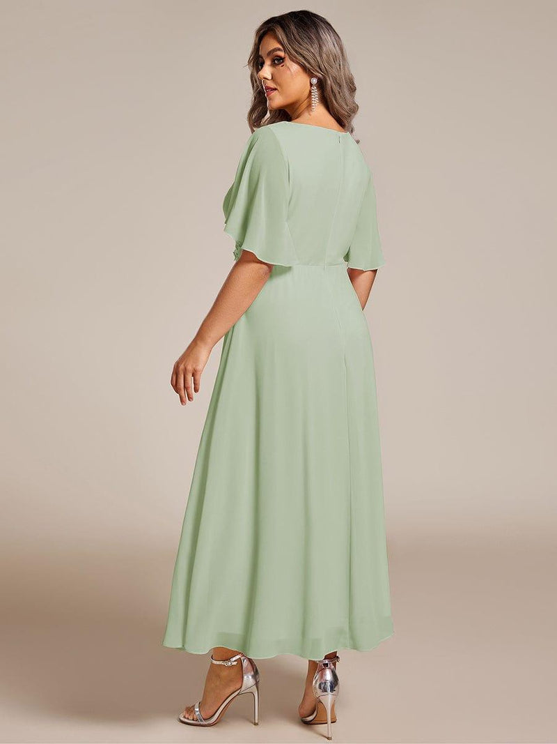 ever DAHLIA|Short Sleeves V-Neck Tea Length Wedding Guest Dress with Floral Applique