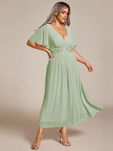 ever DAHLIA|Short Sleeves V-Neck Tea Length Wedding Guest Dress with Floral Applique