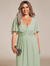 ever DAHLIA|Short Sleeves V-Neck Tea Length Wedding Guest Dress with Floral Applique