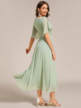 ever DAHLIA|Short Sleeves V-Neck Tea Length Wedding Guest Dress with Floral Applique