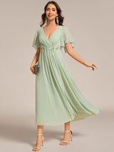 ever DAHLIA|Short Sleeves V-Neck Tea Length Wedding Guest Dress with Floral Applique