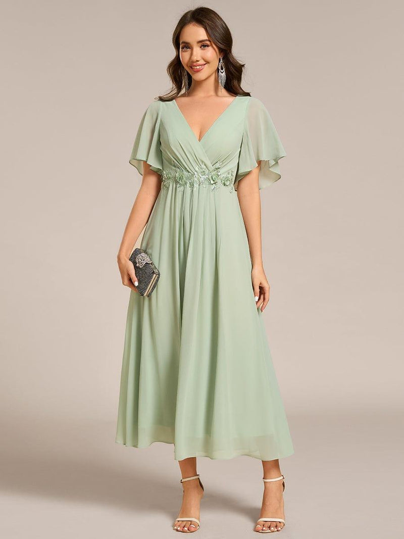 ever DAHLIA|Short Sleeves V-Neck Tea Length Wedding Guest Dress with Floral Applique