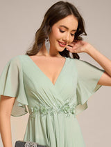 ever DAHLIA|Short Sleeves V-Neck Tea Length Wedding Guest Dress with Floral Applique