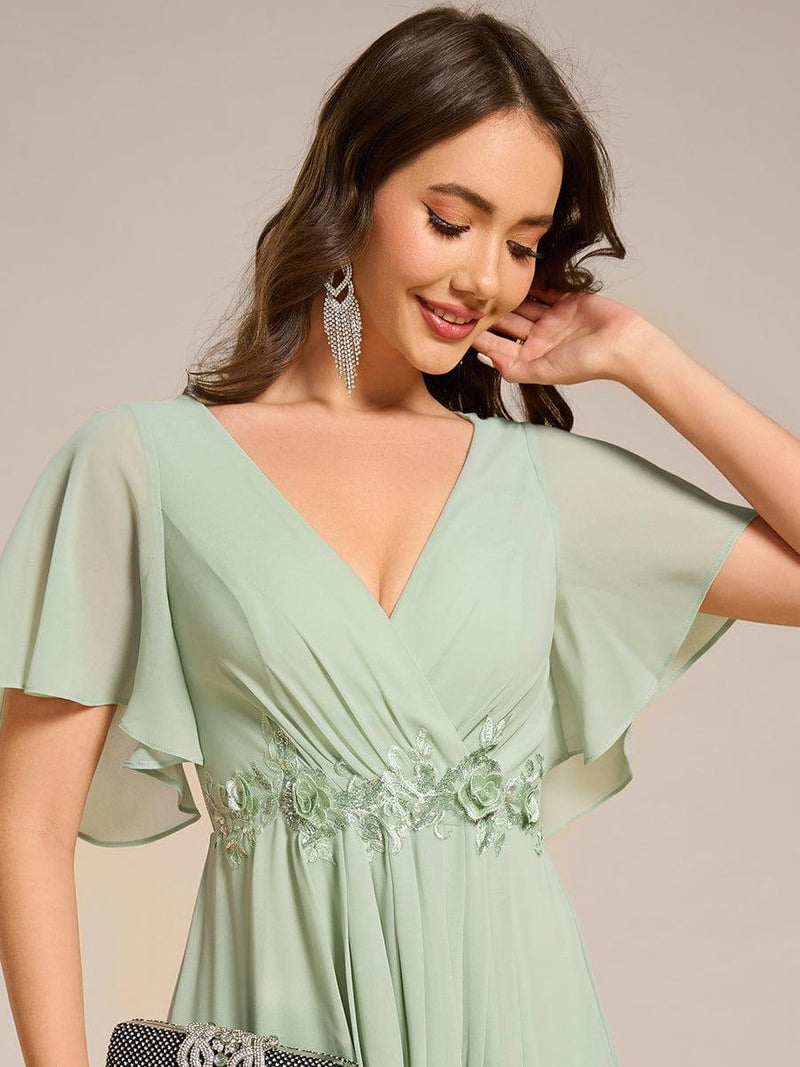 ever DAHLIA|Short Sleeves V-Neck Tea Length Wedding Guest Dress with Floral Applique