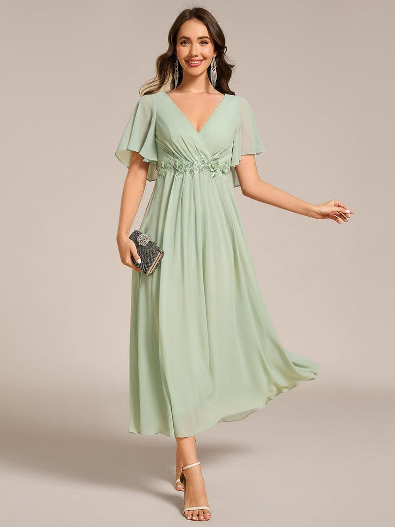 ever DAHLIA|Short Sleeves V-Neck Tea Length Wedding Guest Dress with Floral Applique