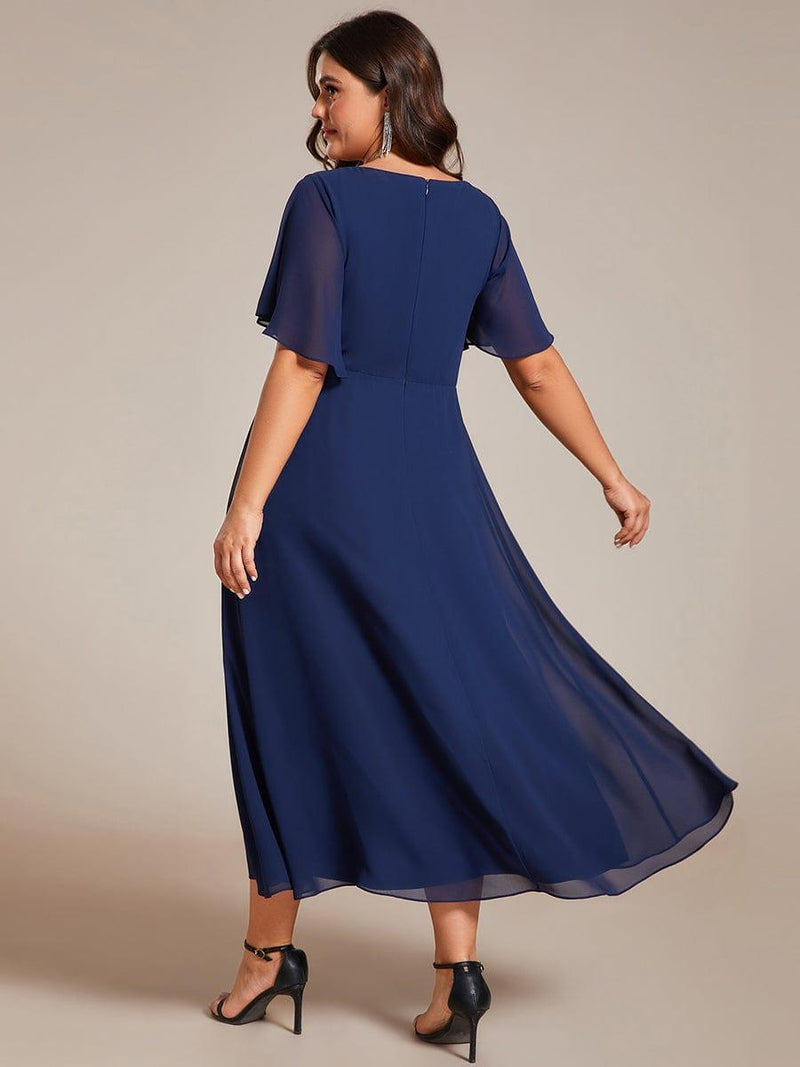 ever DAHLIA|Short Sleeves V-Neck Tea Length Wedding Guest Dress with Floral Applique