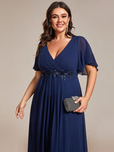 ever DAHLIA|Short Sleeves V-Neck Tea Length Wedding Guest Dress with Floral Applique