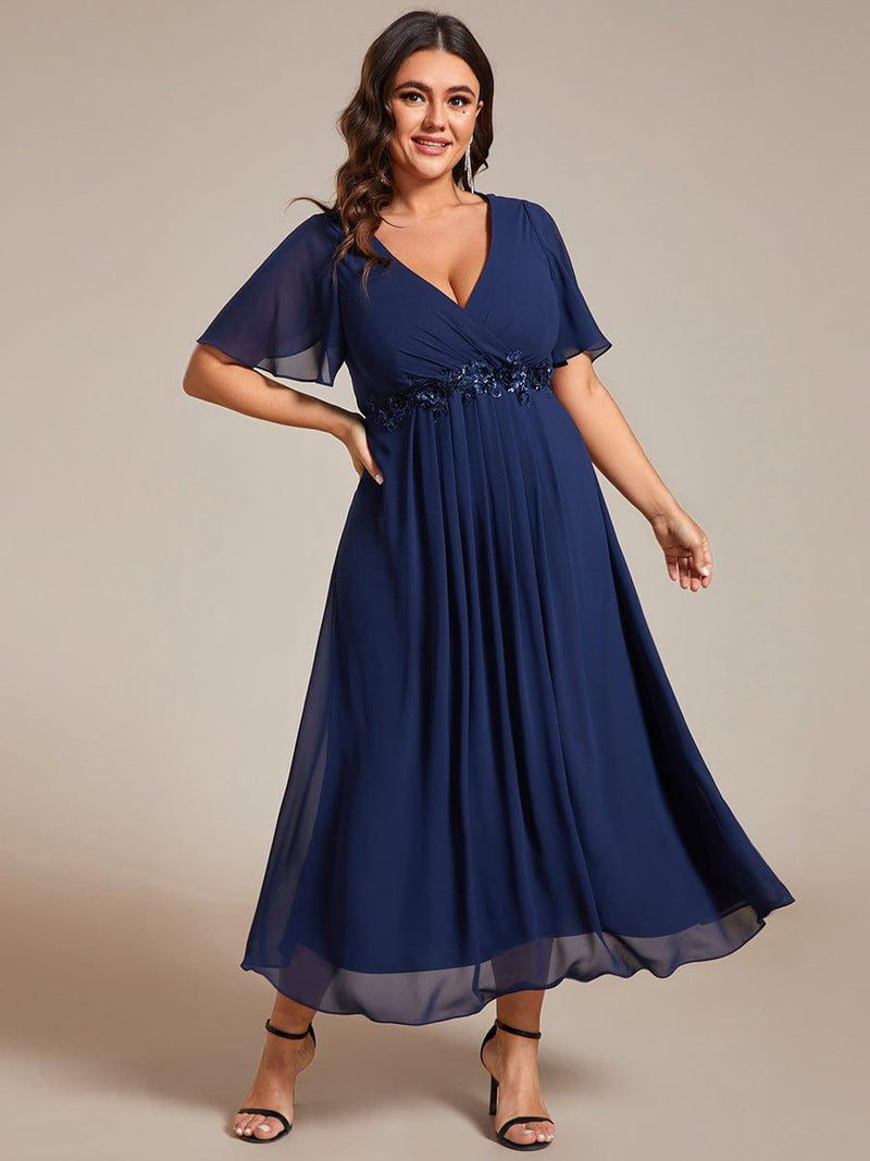 ever DAHLIA|Short Sleeves V-Neck Tea Length Wedding Guest Dress with Floral Applique