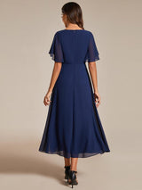 ever DAHLIA|Short Sleeves V-Neck Tea Length Wedding Guest Dress with Floral Applique
