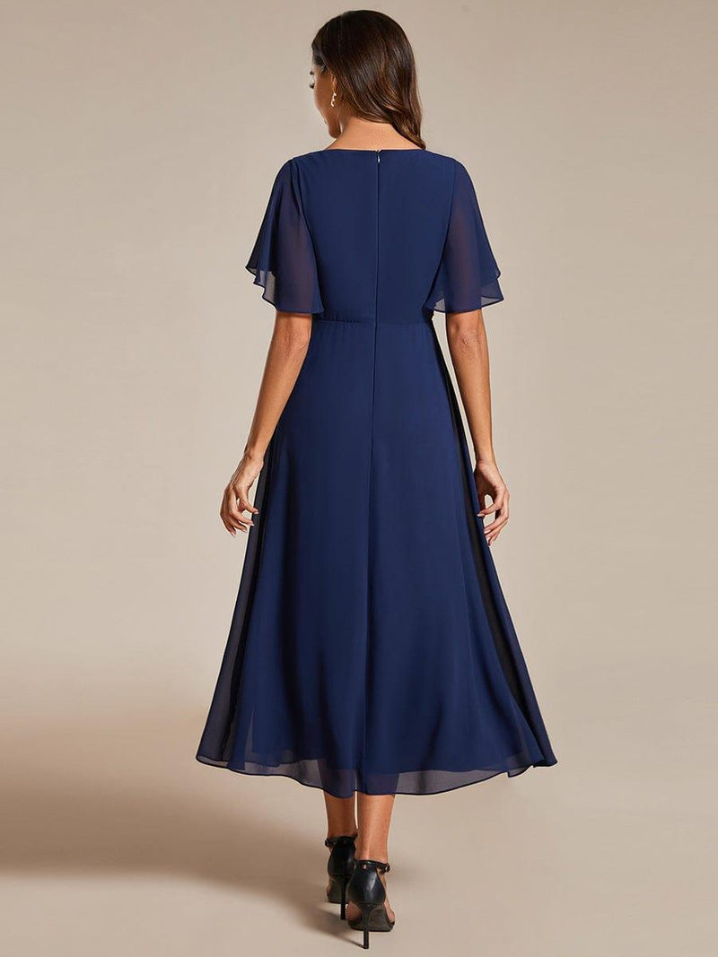 ever DAHLIA|Short Sleeves V-Neck Tea Length Wedding Guest Dress with Floral Applique